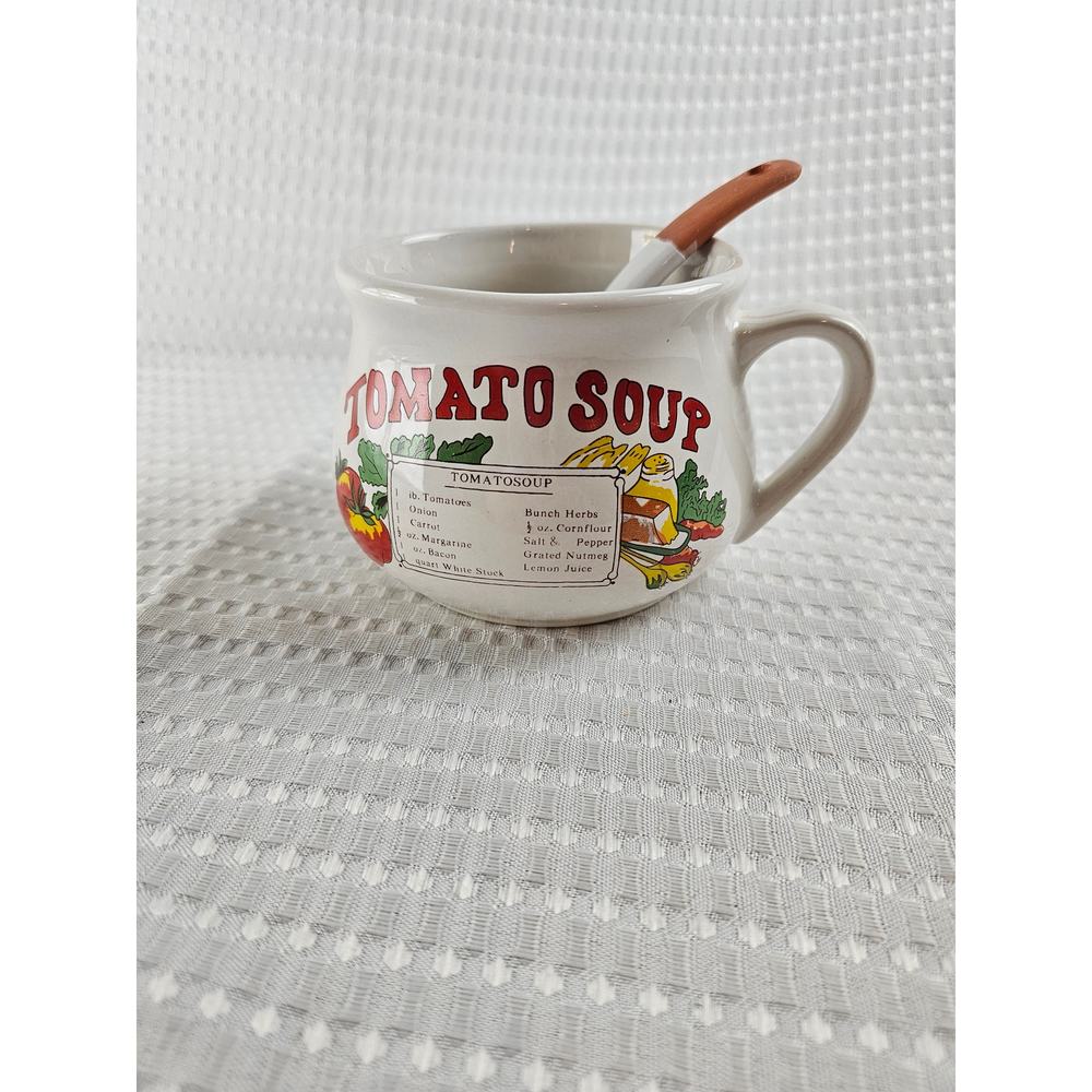 Vintage Tomato Soup Recipe Ceramic Mug and Matching Ladle Set White Stoneware‎